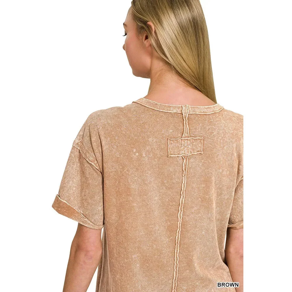 Zenana Halo Snow Washed Exposed Seam Top & Shorts Set